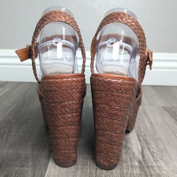 Schutz Brown Tan braid woven leather platform open toe sandal heels womens 9 - Picture 5 of 8
